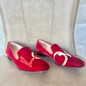 Christian Louboutin Dandylove Love Met Donna Red Velvet Loafers Gold Trim 38 1/2